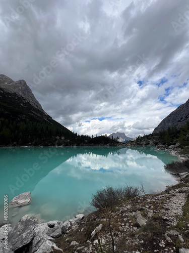 Lago di Sorapiss (Italian: Lago di Sorapiss; German: Sorapissee) is a lake in the mountain range Sorapiss in the Dolomites, province of Belluno, c. 12 km away from Cortina d'Ampezzo. photo