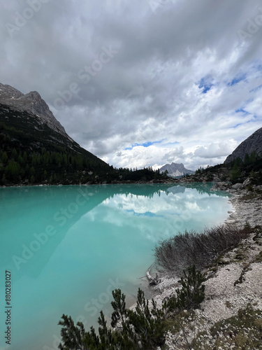 Lago di Sorapiss (Italian: Lago di Sorapiss; German: Sorapissee) is a lake in the mountain range Sorapiss in the Dolomites, province of Belluno, c. 12 km away from Cortina d'Ampezzo. photo