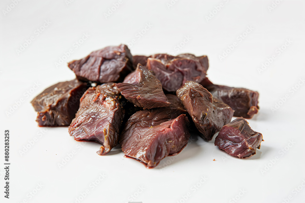 a pile of beef pieces on a white surface a pile of beef pieces on a white surface