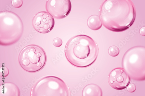Pink background with collagen cell pattern for skin care concept. Realistic 3d vector illustration with oil ball drop and liquid cosmetic sphere with molecule inside. Face and body moisture essence.