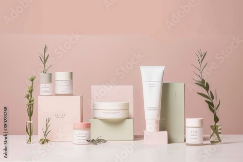 Minimalist Skincare Products Displayed with Greenery