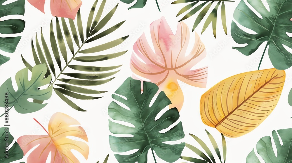 Naklejka premium Seamless tropical foliage pattern with green, yellow, and pink leaves. Perfect for summer designs, backgrounds, and textiles.