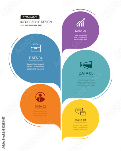 Infographics speech bubbles timeline with 5 number data template. Illustration abstract background.