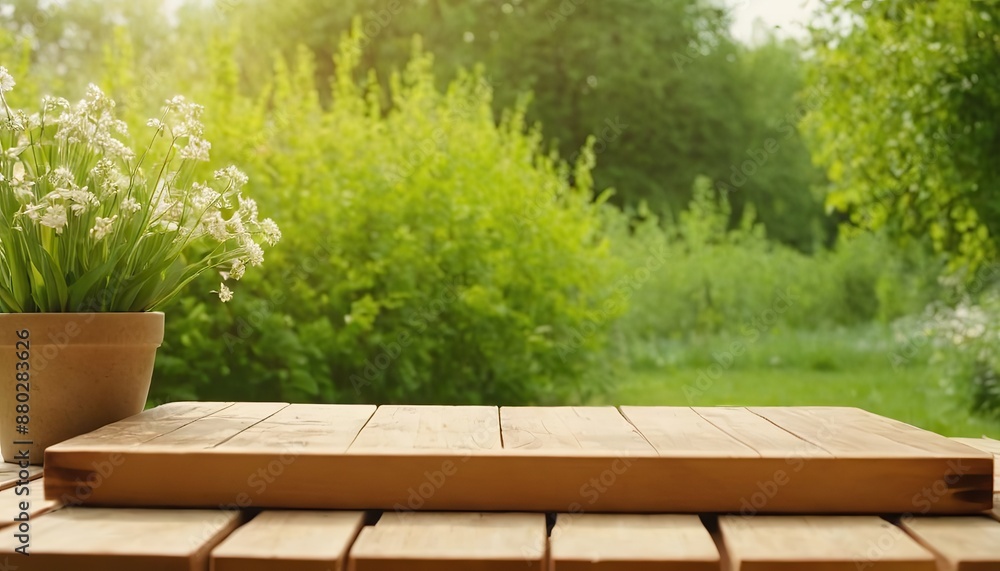 Naklejka premium Empty wooden table with party in garden background blurred 191