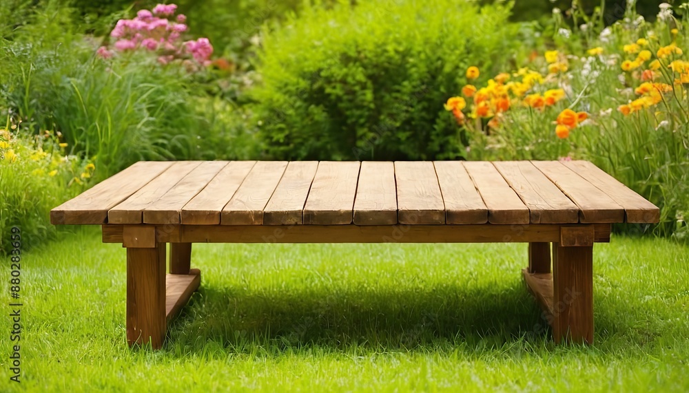 Empty wooden table with party in garden background blurred 191 Empty wooden table with party in garden background blurred 191