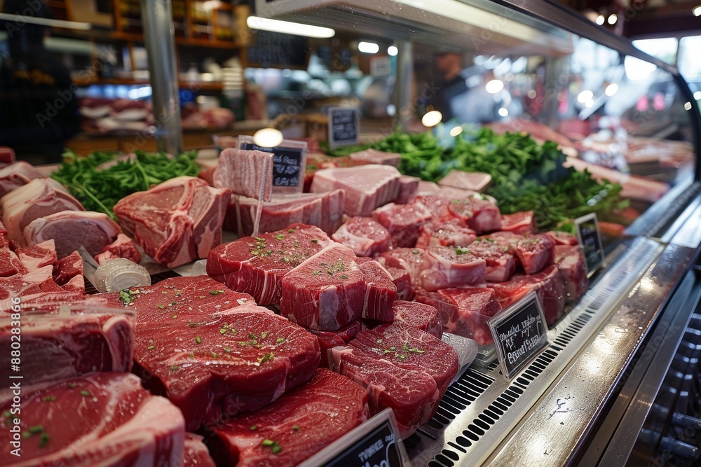 Fresh Cuts of Meat in a Butchers Display Case Fresh Cuts of Meat in a Butchers Display Case