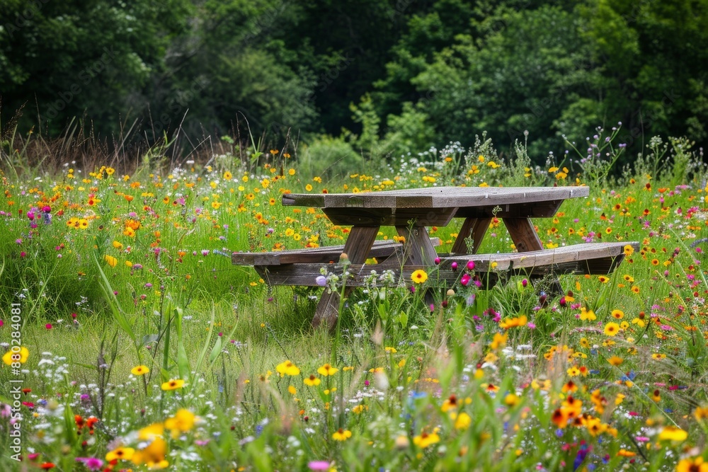 Picnic Table in a Field of Wildflowers Picnic Table in a Field of Wildflowers