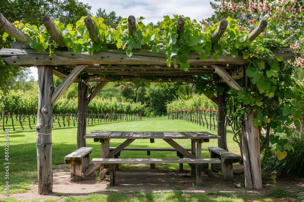 Rustic Picnic Table Under a Grapevine Arbor Rustic Picnic Table Under a Grapevine Arbor