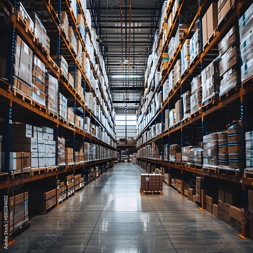 Warehouse Aisle with Cardboard Boxes