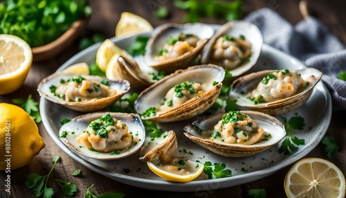 Fototapeta Naklejka Na Ścianę i Meble -  Homemade Baked Clams with Lemon and Parsley
