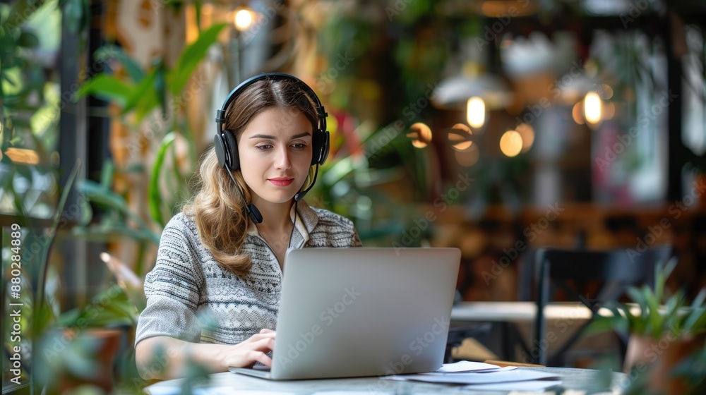 Young Woman Working on Laptop in Coffee Shop Young Woman Working on Laptop in Coffee Shop