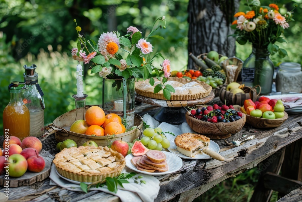 Rustic Summer Picnic Table Setting with Fruits and Pies Rustic Summer Picnic Table Setting with Fruits and Pies