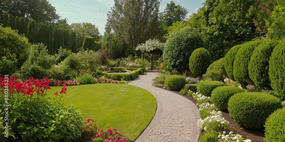 Obraz premium Lush garden with colorful flowers lining a winding pathway, nature, garden, pathway, flowers, blooming, colorful, beautiful 