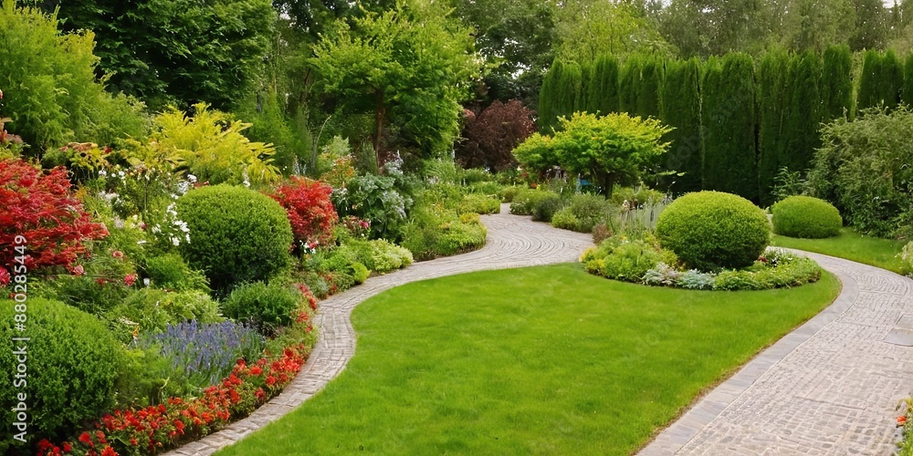 Fototapeta premium Vibrant multicolored flowers and lush greenery line a winding pathway through a serene and beautifully landscaped garden oasis landscape.