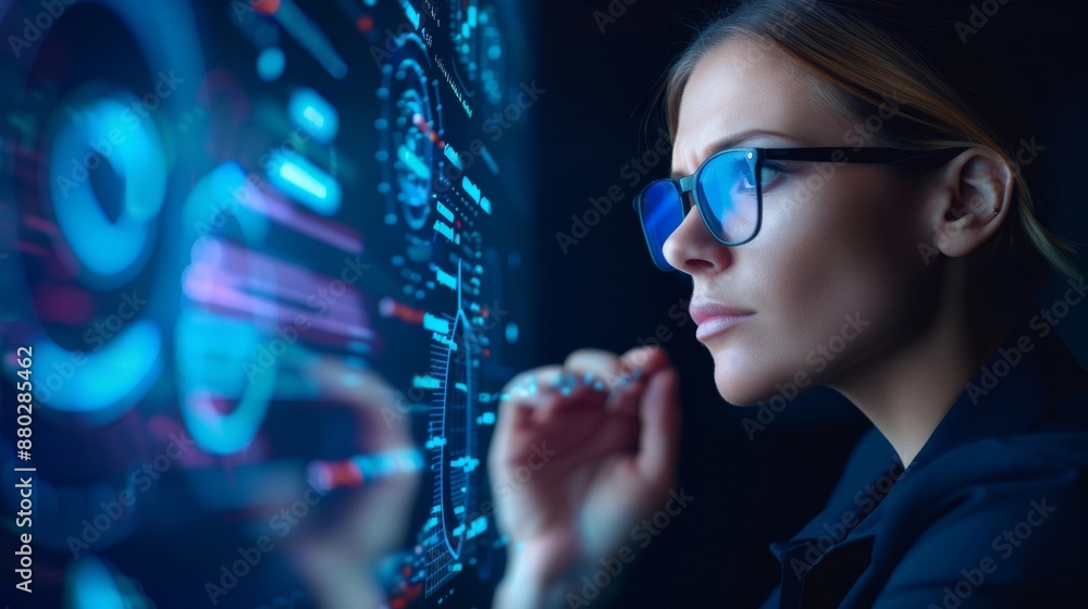 Strategic Insights and Creative Mysteries in Effective Advertising - Businesswoman Analyzing a Mysterious Marketing Marvel on Digital Interface Strategic Insights and Creative Mysteries in Effective Advertising - Businesswoman Analyzing a Mysterious Marketing Marvel on Digital Interface