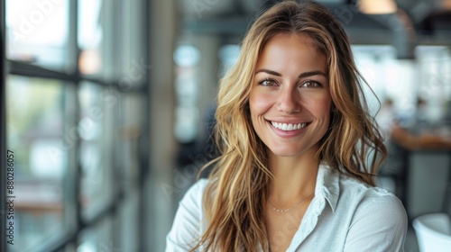 Free Download Smiling Woman in White Shirt with Window in Background - GFXLoad