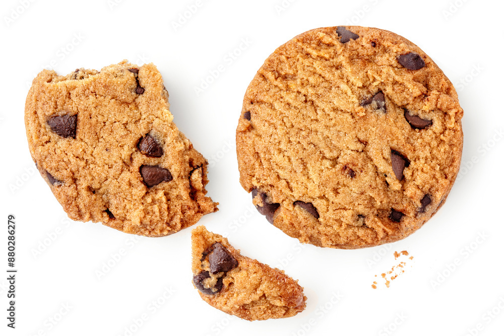 Collection of Chocolate chip cookies isolated on white background. Cookies with chocolate pieces top view. Flat lay Collection of Chocolate chip cookies isolated on white background. Cookies with chocolate pieces top view. Flat lay