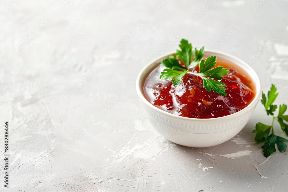 a small bowl of ketchup with parsley a small bowl of ketchup with parsley