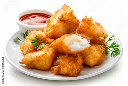 a plate of fried food with a side of ketchup photo