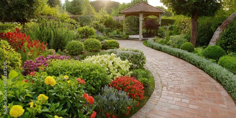 Panoramic view of a lush green garden with blooming flowers winding pathways 189
Panoramic view of a lush green garden with blooming flowers winding pathways 189