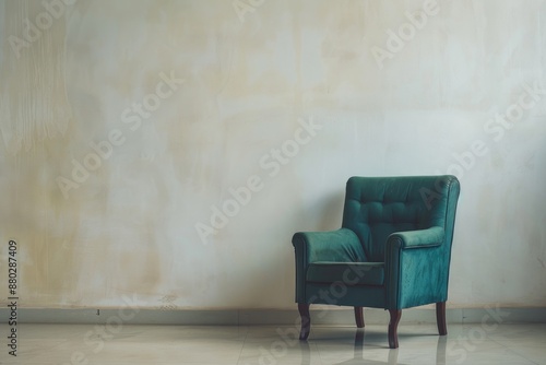 A simple green chair placed in front of a plain white wall © vefimov