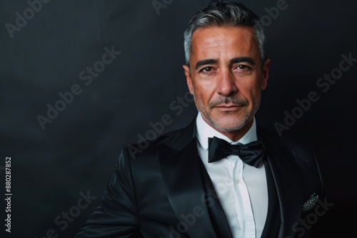 Elegant man in tuxedo posing against dark background © Anna