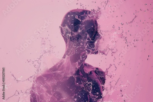 3d render of person made from water, pink background, splashes around the body, top view, full height, double exposure effect, dark pastel colors, digital art style