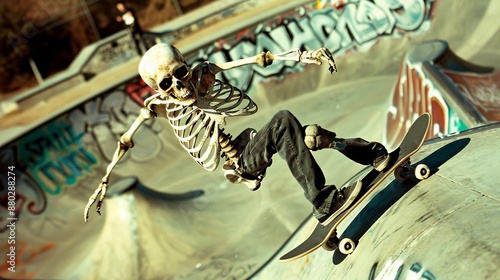 A skateboarder is doing tricks on a ramp. photo