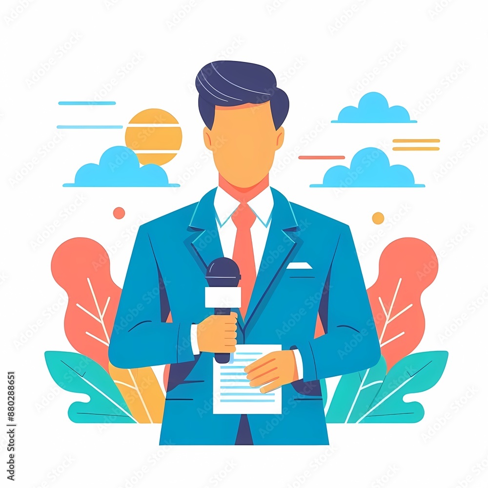 News reporter with microphone vector illustration isolated on white background News reporter with microphone vector illustration isolated on white background