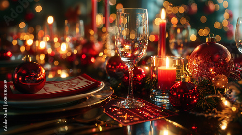 "Elegant Christmas table setting with candles, ornaments, and place cards."