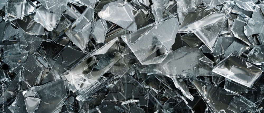 Panoramic close-up, high detail scan of shattered glass with chaotic patterns texture, Generative AI