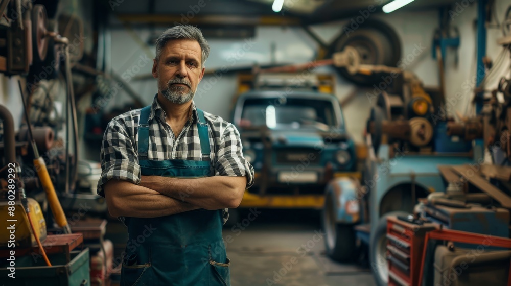Confident Mechanic in Garage with Crossed Arms Surrounded by Tools and Cars Confident Mechanic in Garage with Crossed Arms Surrounded by Tools and Cars