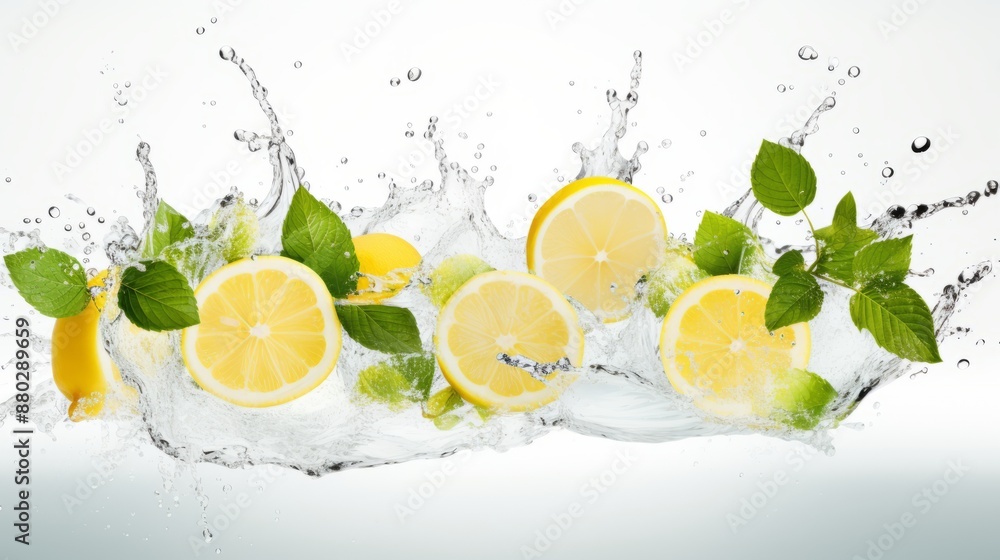 Water splash with fresh lemon slices, mint leaves, and ice cubes on white background – refreshing citrus beverage concept for summer drinks and hydration
Water splash with fresh lemon slices, mint leaves, and ice cubes on white background – refreshing citrus beverage concept for summer drinks and hydration