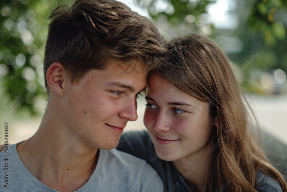 Close-up of a young couple smiling at each other warmly
Close-up of a young couple smiling at each other warmly