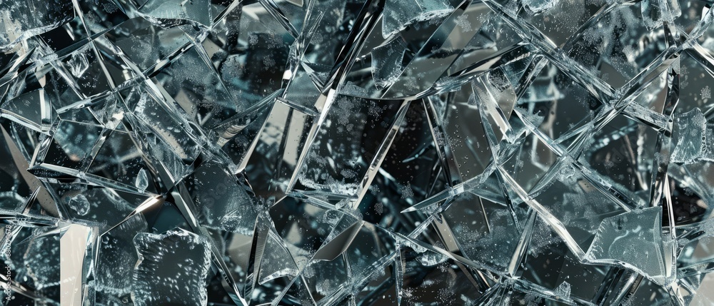 Panoramic close-up, high detail scan of shattered glass with fragmented edges texture, Generative AI