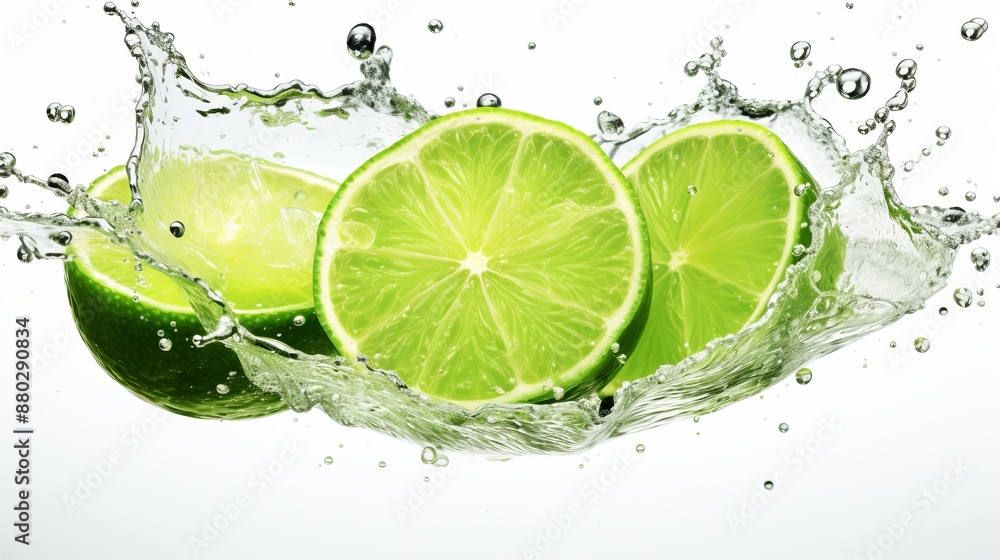 Vibrant lime with water splash on white background, fresh green citrus fruit in dynamic motion, refreshing and juicy lime slices captured mid-splash, high-quality image for healthy beverage ads and su Vibrant lime with water splash on white background, fresh green citrus fruit in dynamic motion, refreshing and juicy lime slices captured mid-splash, high-quality image for healthy beverage ads and su