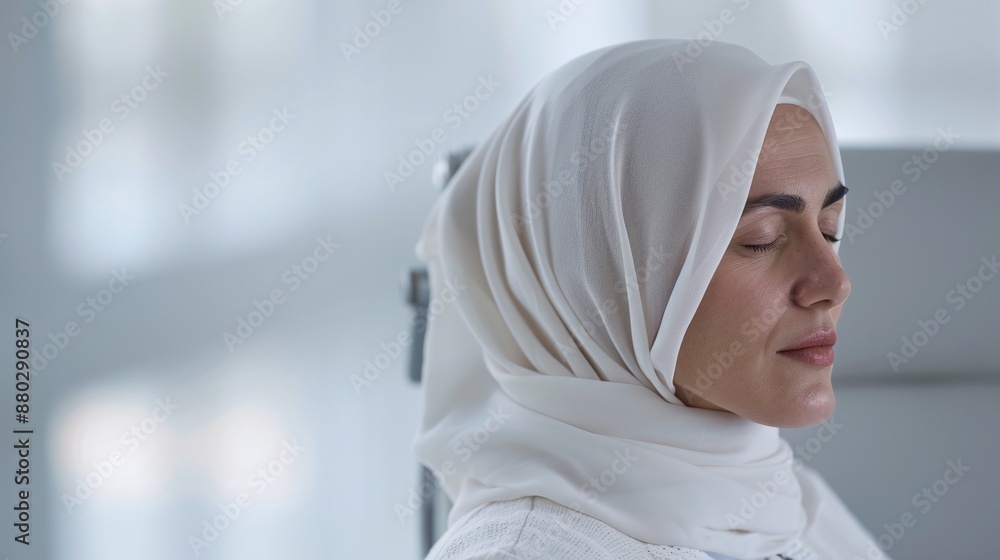 Back view of a middle-aged Muslim woman in hijab, closing her eyes momentarily to alleviate eye strain from staring at paperwork. Back view of a middle-aged Muslim woman in hijab, closing her eyes momentarily to alleviate eye strain from staring at paperwork.