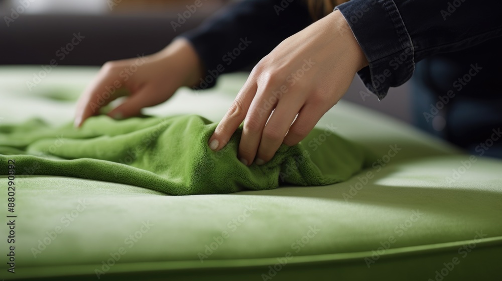 A person adds a green blanket to the top of a bed A person adds a green blanket to the top of a bed