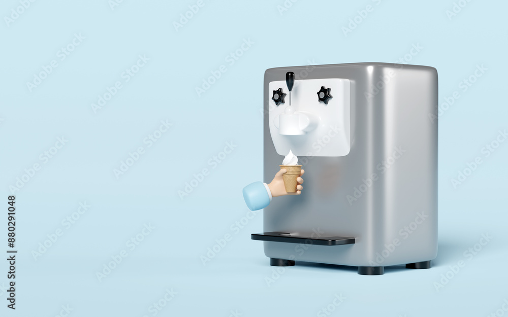 Ice cream cone making machine with hand holding waffle cone isolated on blue background. 3d render illustration Ice cream cone making machine with hand holding waffle cone isolated on blue background. 3d render illustration