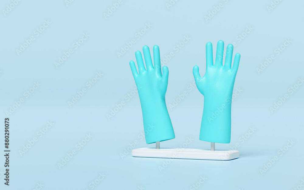 Obraz premium 3d rubber gloves cleaning isolated on blue background. cleaning equipment, 3d illustration render