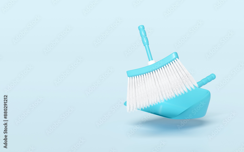 3d cleaning broom and dustpan isolated on blue background. cleaning tool equipment, 3d illustration render 3d cleaning broom and dustpan isolated on blue background. cleaning tool equipment, 3d illustration render