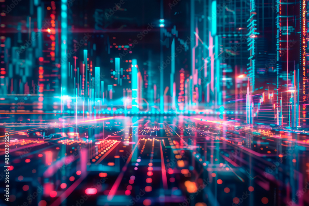 A vibrant abstract representation of stock market fluctuations with glowing lines and bars in neon colors, creating a futuristic financial landscape. A vibrant abstract representation of stock market fluctuations with glowing lines and bars in neon colors, creating a futuristic financial landscape.