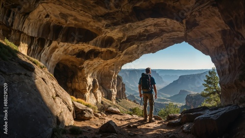A man stands in a cave with a backpack on
