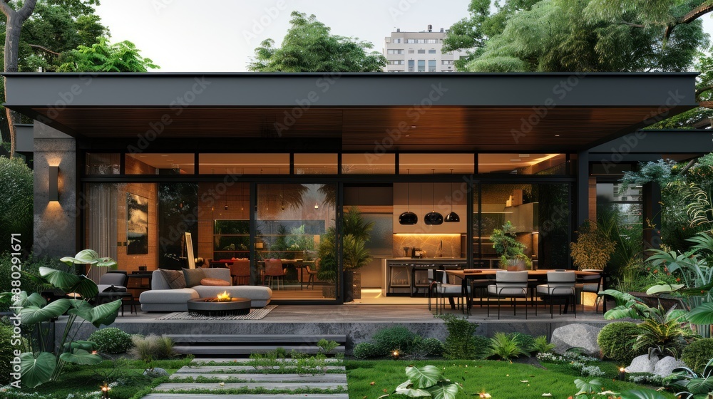 Modern Home with a Patio and Lush Landscaping Modern Home with a Patio and Lush Landscaping