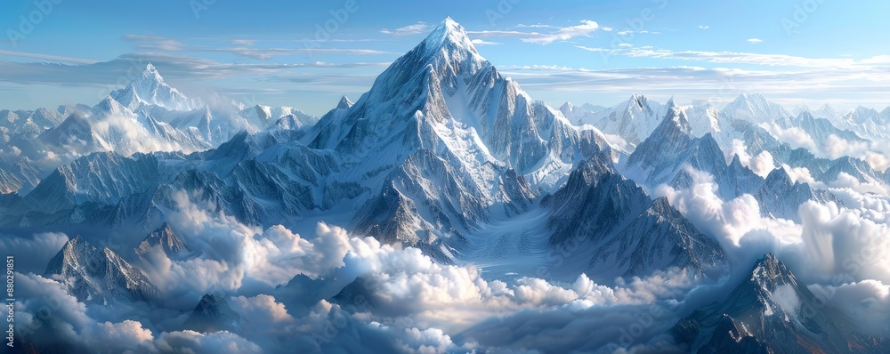 Fototapeta premium A snow-capped mountain peak piercing the clouds, its slopes covered in a blanket of fresh snow.