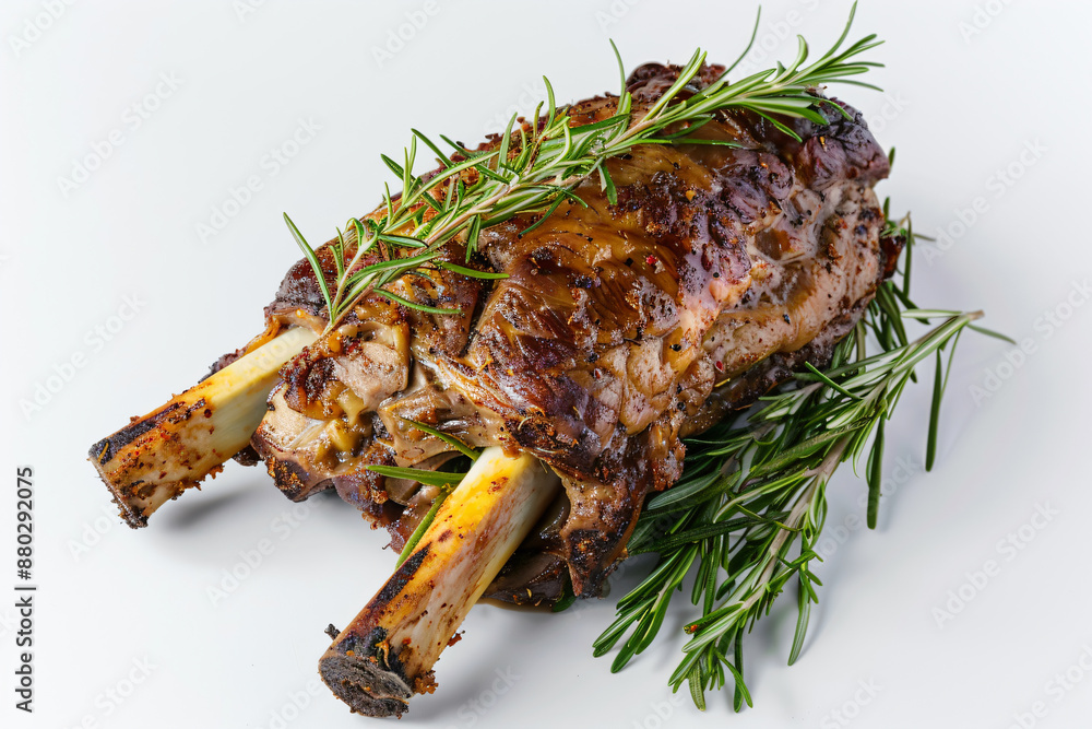 a piece of meat with a sprig of rosemary