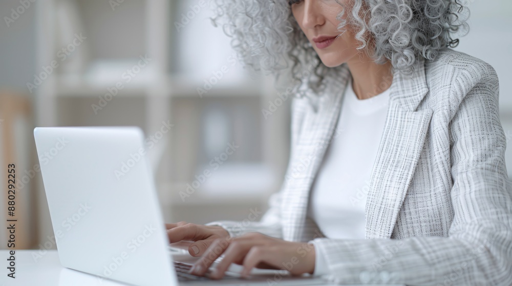 Close-up of a mid-aged woman's hands trembling slightly from stress, while typing on a keyboard at her office desk, with a soft-focus office backdrop. Close-up of a mid-aged woman's hands trembling slightly from stress, while typing on a keyboard at her office desk, with a soft-focus office backdrop.