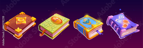 Magic spell books set isolated on background. Vector cartoon illustration of ancient paper volumes decorated with golden signs, snake skin and eye, scarab gemstone, scientific drawings, game assets