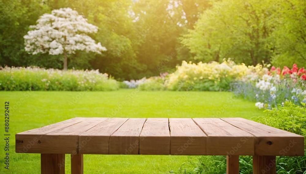 Fototapeta premium Backdrop of a woolly greenhouse with an unoccupied wooden table with a big copy space,154