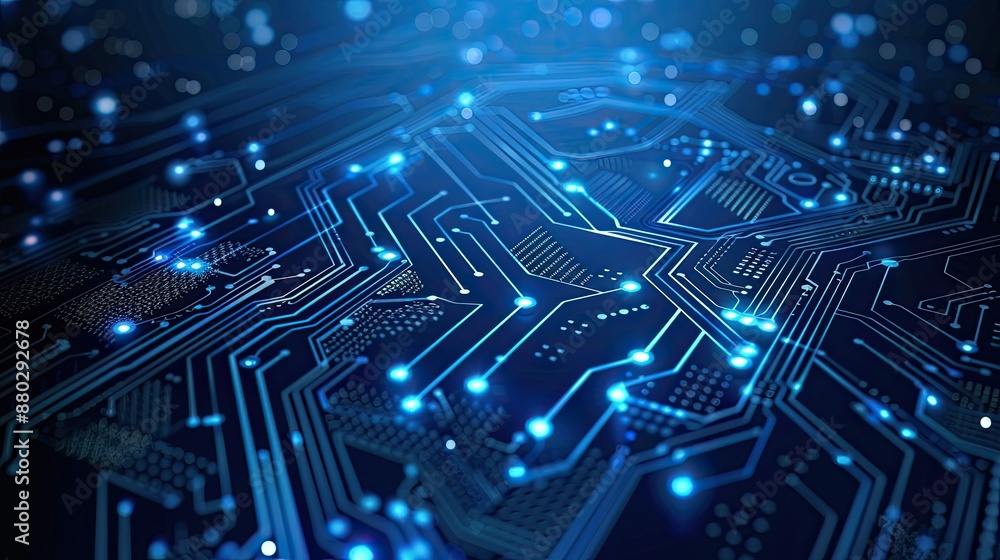 High-tech circuit board design in blue, ideal for technology presentations. High-tech circuit board design in blue, ideal for technology presentations.